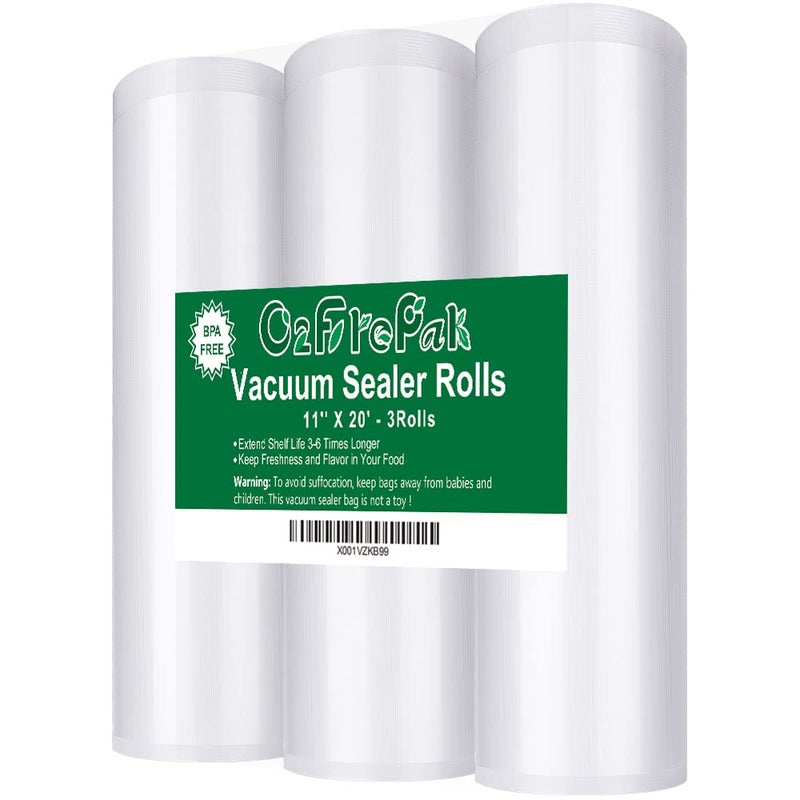 O2frepak 3 Pack 11"x20' Rolls Vacuum Sealer Bags Rolls with BPA Free,Heavy Duty Vacuum Sealer Storage Bags Rolls,Cut to Size Roll,Great for Sous Vide (Total 60 feet) - Image 1